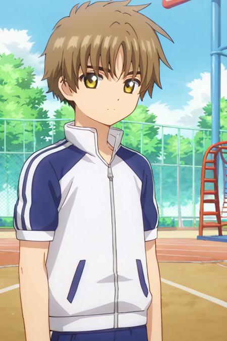 Li Syaoran, brown hair, yellow eyes, chinese clothes,green headwear sportswear School uniform sweater vest,collared shirt