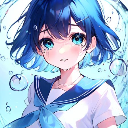 <lora:Ames_best:0.8>,face, Ame, 1girl, solo, blue eyes, blue hair, school uniform, looking at viewer, bubble, serafuku, bangs, sailor collar, short hair, shirt, air bubble, blue shirt, twitter username, parted lips, tears, blush, white neckerchief, neckerchief, masterpiece, best quality,