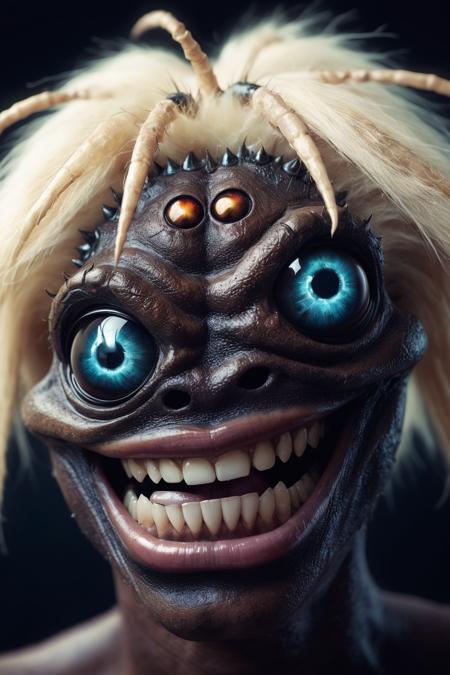 portrait of a beetle monster, human smile, human teeth,galaxy eyes, lips, blonde fur on head