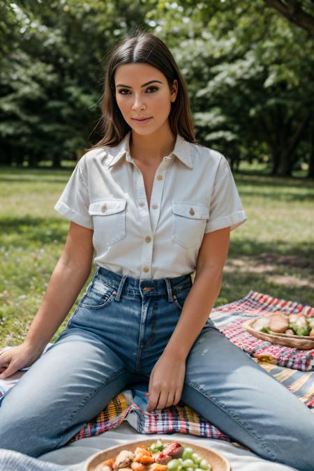 RAW photo of kikards, Button-up shirt and boyfriend jeans for a casual outdoor picnic, upper body, (high detailed skin:1.2), 8k uhd, dslr, soft lighting, high quality, film grain, Fujifilm XT3,<lora:kikards-000046:1>