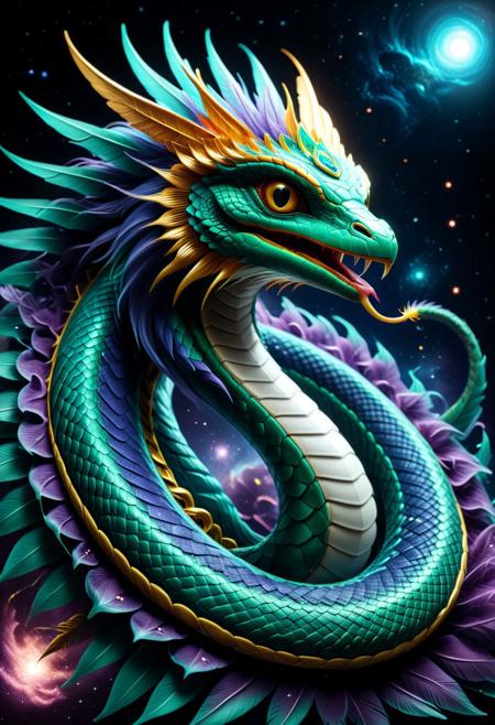 Quetzalcoatl reimagined as a cosmic feathered serpent, majestically coiling through a nebula in deep space, its radiant feathers glowing with an otherworldly bioluminescence, cinematic sci-fi photography rendered with surreal, hyper-detailed celestial environments, iridescent blues and violets dominating its spectrum palette blended with swirling stardust, wide dynamic range for intense star fields and nebular gases, the soft glow of alien suns providing eerie backlighting, inspired by sci-fi films like Interstellar and mythology fused with futurism, surreal and awe-inspiring mood
 sn4ke