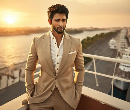 Nautical-themed (Photo:1.3) of (Ultrarealistic:1.3) <lora:Man_Men_FFashion:1> mahesh babu a man <lora:Rohit-Saraf_Mahesh-Babu:1> in a tan suit standing on a balcony, sun behind him, inspired by Pablo Munoz Gomez, shot at golden hour, editorial photograph, midshot of a hunky, by Roman Bezpalkiv, by Artur Tarnowski, maxim sukharev, by Gabor Szikszai,Highly Detailed,(Mono Color:1.3) . Sea, ocean, ships, maritime, beach, marine life, highly detailed