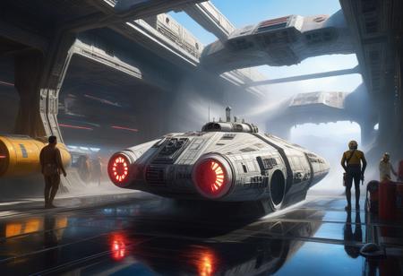<lora:10NaturalismPainting_Hap_XL:1.5>,  Thomas Moran style, oil painting, nature, star wars spacehip millennium falcon is being washed in a massive carwash area, space, hyperrealistic, cinematic lights, mystical, outer space, vanishing point, super highway, high speed, digital render, digital painting, beeple, noah bradley, cyril roland, ross tran, trending on artstation