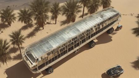glass fronted sky scraper in the desert surrounded by sand hills, top view, camels, palm trees, oasis ,  20jet fighters<lora:lora:1>, 20 tank <lora:m4a3-76:1>