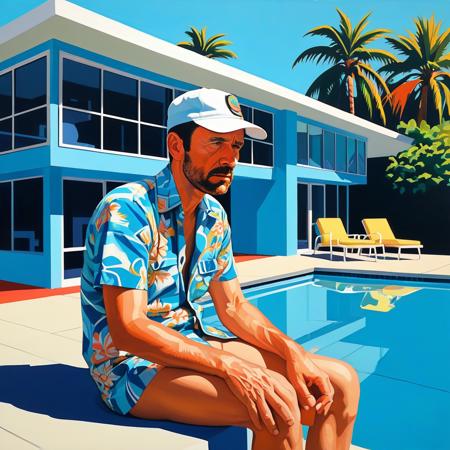 Andrew Yancy, grizzled former Florida Keys detective demoted to restaurant inspector, wearing a wrinkled Hawaiian shirt and baseball cap, tired eyes with stubble, sitting alone looking dejected, vibrant acrylic painting style, bold flat colors, clean geometric compositions, bright California sunlight, crisp shadows, modernist architecture, swimming pool blue tones, perfectly manicured landscapes, mid-century modern aesthetic, saturated color palette, smooth gradients, minimal detail work, contemporary pop art influence, architectural precision, optimistic 1960s atmosphere, vibrant acrylic painting style, bold flat colors, clean geometric compositions, bright California sunlight, crisp shadows, modernist architecture, swimming pool blue tones, perfectly manicured landscapes, mid-century modern aesthetic, saturated color palette, smooth gradients, minimal detail work, contemporary pop art influence, architectural precision, optimistic 1960s atmosphere,