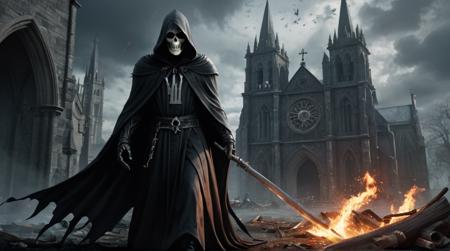 (8k, highest quality, masterpiece), (masterpiece, highest quality, highest quality, official art), (magazine cover: 1.2), dark theme,Fantasy horror the The Grim Reaper, with scythe,ruined church,  breathtaking photography , super detail, particles, poster , design, 3D art, surreal, OC rendering, complex, detailed, ray tracing, depth of field, beautiful creative images, (exquisite text layout: 1.2), <lora :more_details: 1>,