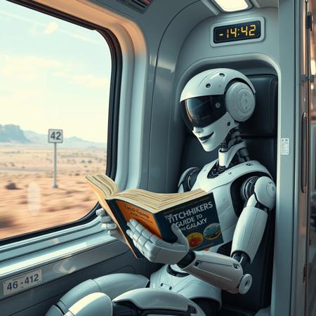 Robot humanoid woman sitting in futuristic train and reading a book "The Hitchhiker's Guide to the Galaxy", she is laughing. Train is passing by post with sign 42. There is electronic clock showing time 4:42 in train. train is passing by futuristic landscape.