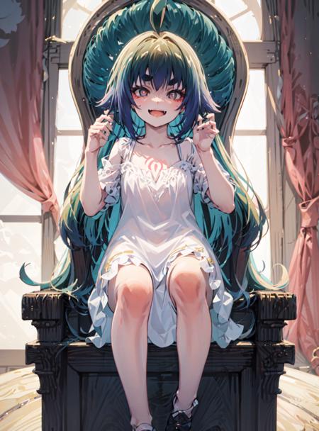 (masterpiece, best quality, ultra-detailed, highres, illustration:1.1),,1girl,looking at viewer,from below,hand on chin ,white dress,  collarbone  ,multicolored eyes, evil smile, sitting, sitting on throne,stone throne, throne  ,mitama ,Ahoge  ,small breasts, green hair, chest tattoo,tattoo,short eyebrows,thick eyebrows,   <lora:mitama-05:1>