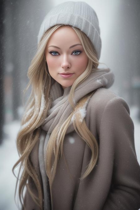 professional portrait photograph of a gorgeous oliviawilde-5400 in winter clothing with long wavy blonde hair, sexy smile, ((sultry flirty look)), freckles, beautiful symmetrical face, cute natural makeup, wearing elegant winter fashion clothing, ((standing outside in snowy city street)), stunning modern urban upscale environment, ultra realistic, concept art, elegant, highly detailed, intricate, sharp focus, depth of field, f/1. 8, 85mm, medium shot, mid shot, (centered image composition), (professionally color graded), ((bright soft diffused light)), volumetric fog, trending on instagram, trending on tumblr, hdr 4k, 8k