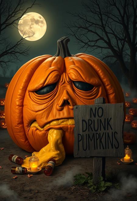 “Enormous orange pumpkin with a tired, worn-out expression, sitting on the ground as it vomits its own pumpkin guts. Empty beer bottles scattered around, as if it just had a long night of drinking. Surrounding the pumpkin are spooky Halloween elements: glowing jack-o’-lanterns, eerie fog creeping along the ground, flickering candles inside skull-shaped lanterns, and a few scattered candy wrappers. A full moon casts a dim light over the scene, with creepy shadows from nearby trees and faint ghostly figures in the distance. In front of the pumpkin, a decayed, broken wooden sign stands with deep engravings that read ‘NO DRUNK PUMPKINS,’ adding a darkly humorous touch to the eerie atmosphere.”