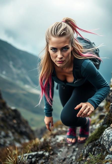 A dynamic shot of a 26-year-old athletic woman with blue eyes and long blonde hair with pink streaks, actively climbing a steep section of a mountain path, showcasing her determination and strength. The surrounding landscape is dramatic and wild