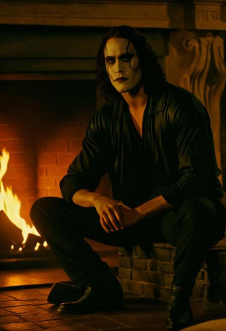 eric draven, the crow movie 1994, at the fireplace looking at a picture, beautiful, realistic, 8k