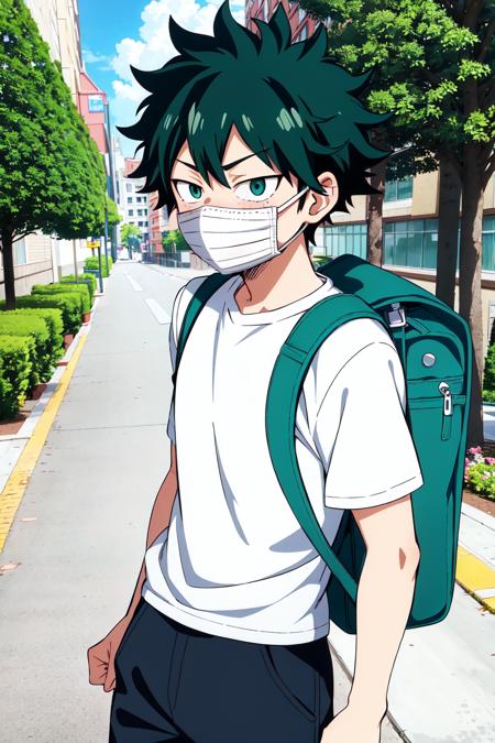 anime screencap, ((1boy)), backpack, bag, boku no hero academia, freckles, green eyes, green hair, horikoshi kouhei, mask, midoriya izuku, mouth mask, screencap, street, wall, trees