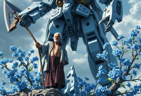 Create a highly detailed, professional digital painting of a close-up scene featuring an epic mecha standing on a Crystal Tree, wielding a long halberd. The mecha should have a symmetrical full-body design with visible gears and be adorned with blue delphinium flowers. A wise old man, wearing a jacket over his bare torso, should be merged with the mecha or standing nearby, positioned at a slightly elevated level. Ensure the artwork is in a hellcore style, with a focus on micro and lifelike details. The desired output should be reminiscent of the works of Artgerm, Eiichiro Oda, and Koyoharu Gotouge.