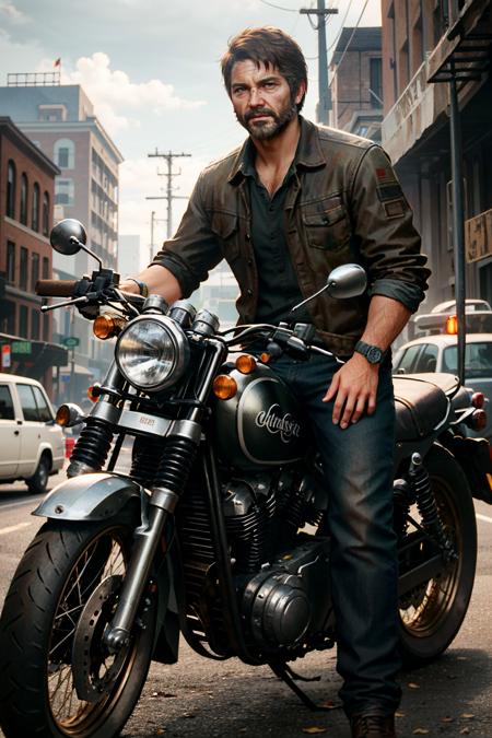 ((masterpiece, best quality))
 <lora:TLOUJoel:0.8>
TLOUJoel, 1boy, solo, brown hair, brown eyes, beard, Posing by a classic motorcycle, clad in rugged biker attire, with an adventurous spirit