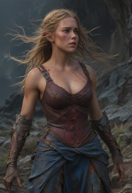 High resolution ultra-realistic of Beautiful Warrior girl, Fantasy style, 8k, capturing the intensity of the moment, dramatic lighting, standing on a bloody and stormy battlefield in a fighting pose, fire, intricately designed shining blue iron armor, mini skirt, Greg Rutkowski style, LOTR Aesthetic, perfect athletic figure, beautiful Warrior girl, fire, dirty face, ultra realistic, cinematic style, athletic figure, Firm sinewy female slim dirty body, dark fantasy, covered in dirty and blood, cinematic colors Lighting, extremely detailed, 8K, wavy blonde hair, realistic dirty bloody pale face, realistic expressive dark brown eyes, Warrior girl on in iron armor, hyper-detailed, hyper-realistic, bright colours, Attractive 21 old years girl, Attractive, beautiful firm Breasts, sharp focus, digital painting, Photograph Taken on Nikon D750, Alphonse Mucha, 8K, athletic figure, Hyperdetailed, hyperrealism, Attractive, Attractive bust girl, asymmetric balance