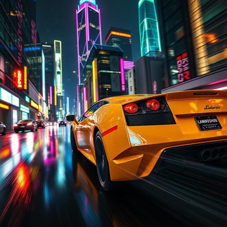A cinematic close view shot of the lamborghini galardo  speeding down a neon-lit street at night, reflecting the bright, colorful lights from surrounding skyscrapers, with rain-slicked roads creating a mirror effect of the car’s sleek yelow body. The glowing cyberpunk city skyline in the background enhances the futuristic vibe of this intense race scene.