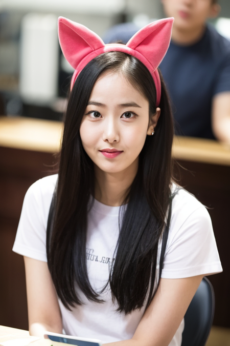 sinb, 1girl, solo, long hair, looking at viewer, shirt, black hair, animal ears, white shirt, short sleeves, hairband, food, day, cat ears, blurry, black eyes, blurry background, fake animal ears, t-shirt, realistic,