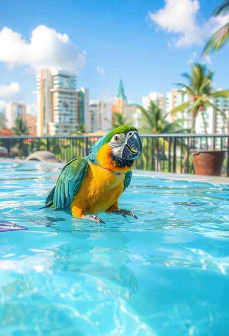 Happy parrot, playing in water,  drinking, thristy, daylight  penthouse, tropical city,