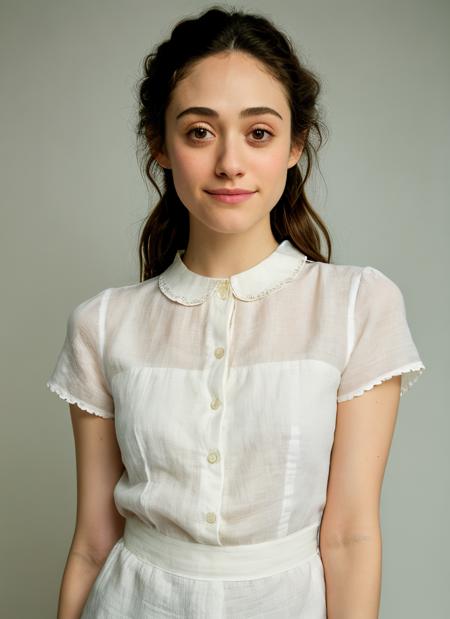 RAW photo, emmy rossum <lora:Emmy Rossum LoRA:0.65>, :p, wearing Linen Peter Pan Collar Shirt, background simple (high detailed skin:1.2), 8k uhd, dslr, soft lighting, high quality, film grain, Fujifilm XT3