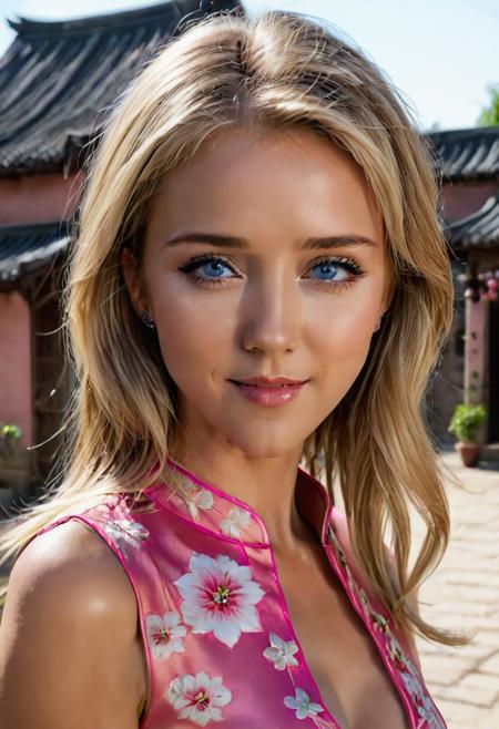 Cute beautiful girl, standing in an old village,  wearing pink cheongsam, luxurious blonde hair, flowe hair ornament, light makeup, (detailed face, perfect face, perfect eyes, realistic eyes, expressive eyes), looking at viewer, outdoors, (masterpiece), ((ultra-detailed)), (highly detailed), (expressionless), (best quality:1.2), (1girl:1.2), High quality texture, intricate details, detailed texture, High quality shadow, depth of field, perspective, perfect body, distinct_image, (lustrous skin), solo focus