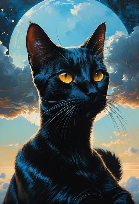 (The black cat has gone to heaven) (ingenious opus magnum by Michael Vincent Manalo and Elvira Vigna:1.2), (pastel oil painting:0.1), high key with glistening light, cosmic anddireful and dramatic atmosphere, (zestful quinacridone nickel azo gold and electricblue color swatch:0.1), raw details, crisp details, bokeh lights, <lora:xl_more_art-full_v1:0.6> ,analog photo, full body,, tall height, against the rise in the background, , , epic clouds, (oil on canvas:0.2), , art by Jeremy Mann, god rays, dramatic light,    ,  (art by Eduard Wilhelm Pose and Master of the Holy Blood and Ivan Bilibin:1.1), (oxygen-rich air and sheltered atmosphere,, aesthetic of hard - edge painting:0.1), symmetry and balance, pioneering unparalleled masterwork with superior details, <lora:MJ52:0.90> <lora:xl_more_art-full_v1:0.4> <lora:RMSDXL_Creative:1>,(skin texture),masterpiece, top quality, best quality, official art,highest detailed,,atmospheric lighting, cinematic composition,complex multiple subjects, 4k HDRvaporwave style , , cyberpunk, vibrant, neon colors, , highly detailed,,,Leica Q2 with Summilux 35mm f/1.2 ASPH, ,clear face, Ultra High Resolution, wallpaper, 8K,Rich texture details, hyper detailed, detailed eyes, detailed background, dramatic angle,