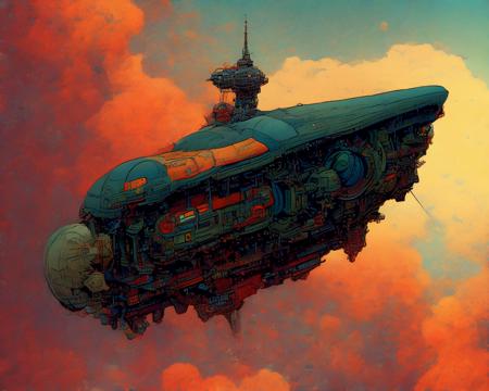 a photo of an intricate detailed heavily armed steampunk JovianSkyship floating high above the orange clouds at sunset against a starlit nights sky by moebius