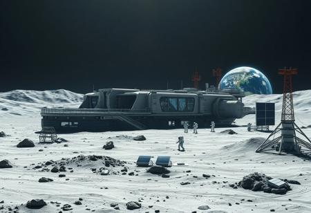 Ultra realism, high quality, high resolution 8K and above, stable and accurate focus, ultra correct anatomy, super detail. A lunar landscape with a space base located on the surface of the moon. The base is made up of multiple modules connected by tunnels and has large windows from where the Earth can be seen on the horizon. The Earth appears bright and blue in contrast to the gray and dusty surface of the Moon. In the foreground, astronauts in white spacesuits are seen performing scientific research and technical support. Large solar panels and communication antennas are located around the base.
Colors: Gray for the lunar surface, bright blue and white for the Earth, metallic colors for the base and equipment.
Objects: Space base, lunar surface, Earth, astronauts, solar panels, communication antennas.
Atmosphere: High-tech, futuristic, majestic.
Styles: Realistic, Sci-Fi.
Additional items: Moon dust, scientific instruments, space dust and particles, small exploration rovers.