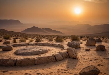 "More about Mystical Stone Circle at Sunset in Desert An ancient stone circle emerges from a misty desert landscape, 
with the sun setting behind it, 
casting golden hues on the weathered stones and creating a mystical atmosphere."