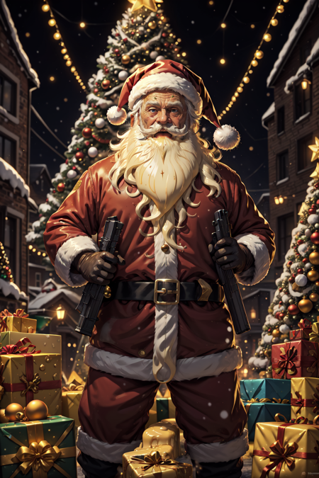 YellowSnow, solo, gloves, 1boy, hat, standing, white hair, male focus, black gloves, belt, pants, blurry, fur trim, facial hair, santa hat, santa costume, black belt, mustache, weapon, holding a weapon, machine gun, fire, explosion, box, christmas, beard, gift, gift box, old, christmas tree, old man, cheese, liquid, gooey, cheese slime, christmas theme, yellow theme, movie poster, meme, parody, horror movie poster, art by Larry Elmore and Greg Rutowski, blink and you can miss it detail, depth of field, masterpiece, <lora:YellowSnow:0.8>