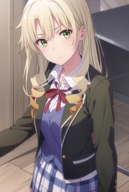 yumikomiura, <lora:yumiko miura s2s3-lora-nochekaiser:1>, 
yumiko miura, long hair, blonde hair, (green eyes:1.3), drill hair,
BREAK skirt, ribbon, school uniform, jacket, black jacket, plaid, plaid skirt, blazer, sobu high school uniform,
BREAK indoors, classroom,
BREAK looking at viewer, (cowboy shot:1.5),
BREAK <lyco:GoodHands-beta2:1>, (masterpiece:1.2), best quality, high resolution, unity 8k wallpaper, (illustration:0.8), (beautiful detailed eyes:1.6), extremely detailed face, perfect lighting, extremely detailed CG, (perfect hands, perfect anatomy),