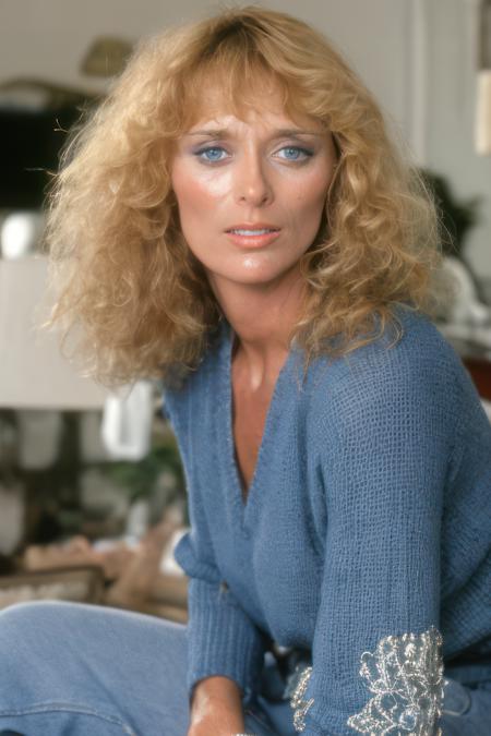 A sfw professional photo of sybildanning at home in her apartment in the 1980s, smiling at viewer, for a women's interest magazine, side view, high detail on face, wearing a concealing (polo-neck:1.2) jumper and long dark blue jeans, large breasts under sweater, (best quality:1.2), (intricate details)