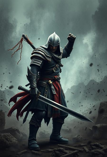 epic warrior, war torn background, defensive stance, epic quality, photorealistic, very realistic