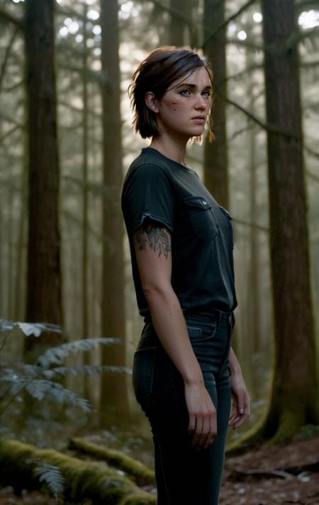 photo of ohxw, ellie, tattoo on left arm, woman, black jeans, full body, skinny, short hair, face details, forest, low key lighting, <lora:2ellie-000003:1>