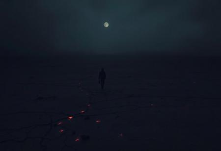 Dark horror themed image of an endless featureless landscape without light of any kind. The ground is bare and burns the feet of those stranded there by its salt and acidity. It is cold and dark. Everyone feels endless hunger, thirst, cold, fear, tiredness, and aches from the lack of joy. Always on the distant unseen horizon the denizens of this purgatory can hear the howls of the emotionally tortured that know they will never be free of this abandonment. The endless nothing is only ended by the willing sacrifice to be consumed by the great roiling evil that waits for the damned to be exhausted. wandering people driven mad