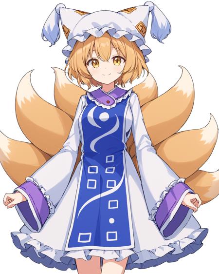 yakumo ran,1girl, solo, fox_tail, hat, white_background, tabard, smile, ofuda, multiple_tails, simple_background, white_dress, pillow_hat, looking_at_viewer, long_sleeves, white_headwear, frills, holding, wide_sleeves, closed_mouth, standing, feet_out_of_frame
<lora:yakumo_ran_image6380_2023-12-20-000004:1>,star-shaped_pupils,symbol-shaped_pupils,. gorgeous,key visual, vibrant, studio anime,award-winning, professional, highly detailed,high budget, cinemascope