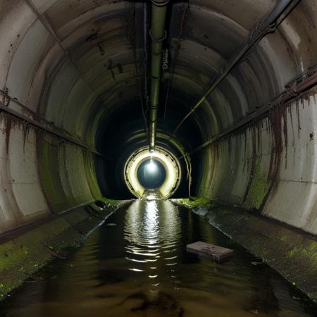 a narrow sewer vent shaft with rotating fan blades barely visible in the darkness, walls lined with moss and broken grates, flashlight beam creating sharp moving reflections on the water-covered floor, air filled with metal and decay, sewer tunnel, reflection, dirty, creepy