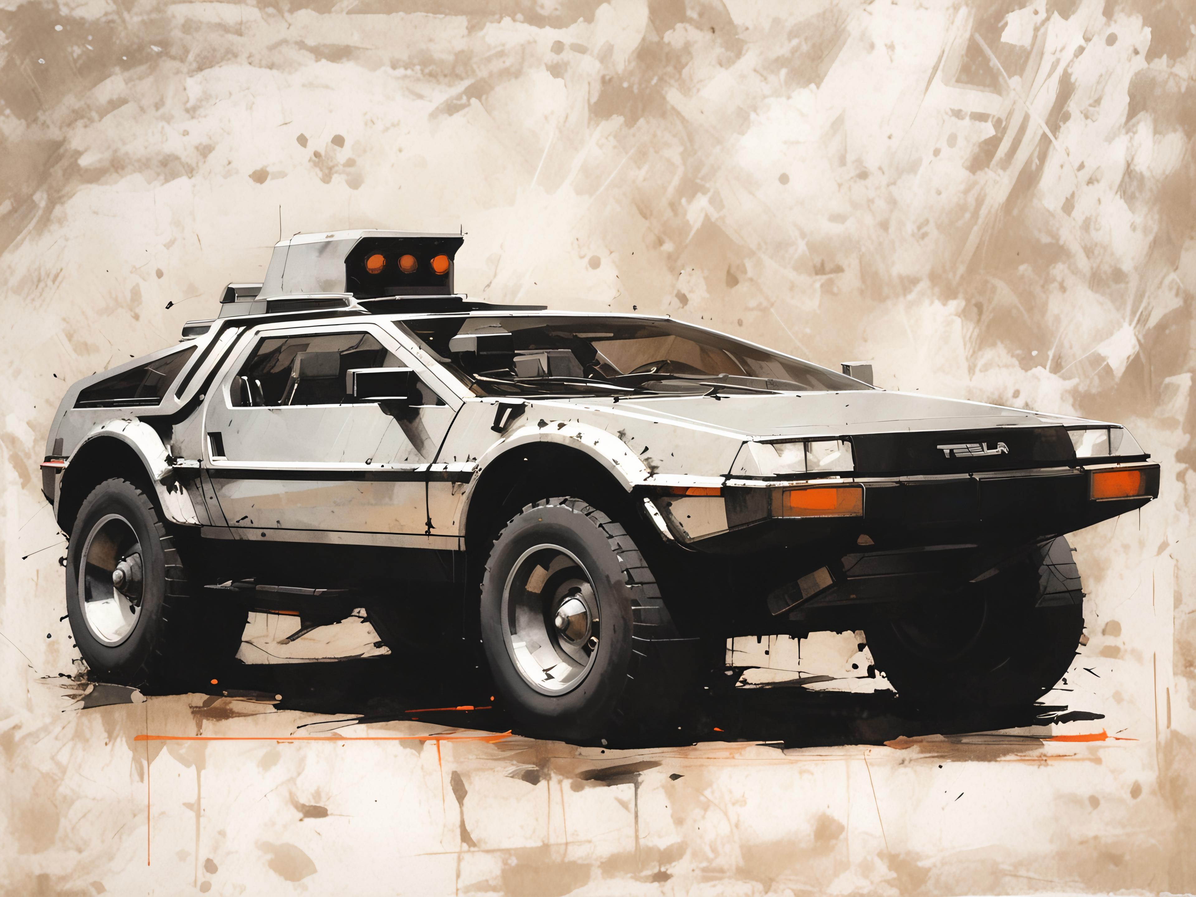 A painting of a futuristic DeLorean with four wheels and a light.