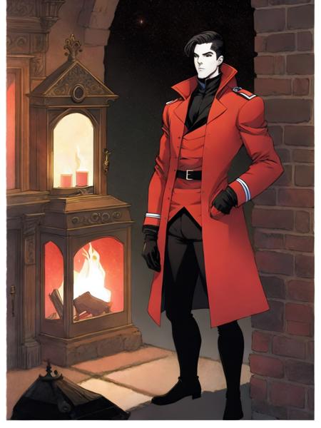 <lora:MikeMignola:1>a man in a red coat standing in front of a fireplace with a lantern in his hand by Mike Mignola