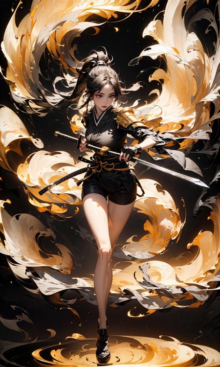 (Black background:1.7)fighting stanceponytailsheathedjapanese armorLight and dark contrast, high contrast, low saturation
1girl,solo,full body,masterpiece,best quality,ultra-detailed,(Smoke:1.6), handheld weapons,holding a samurai sword,  (long legs:1.3), (skinny legs:1.6), (shiny skin:1.5)holding swordholding one Long, super long katana, japanese clothes
The Chrysanthemum and the Blade <lora:~Q?-NR The Chrysanthemum and the Blade:0.7>