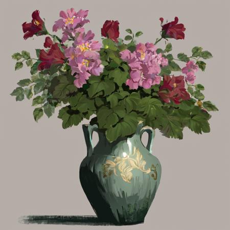 studio image in imst artstyle of an ancient vase with flowers in it