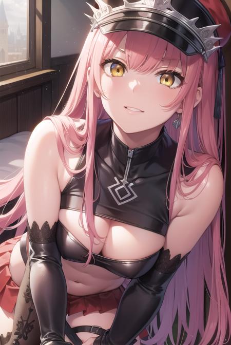 medb, <lyco:medb-lyco-nochekaiser:1>,
medb, long hair, pink hair, (yellow eyes:1.5),
BREAK choker, crop top, elbow gloves, gloves, hat, high heel boots, high heels, navel, peaked cap, red skirt, riding crop, skirt, thigh boots, thighhighs,
BREAK looking at viewer,
BREAK indoors, bed,
BREAK <lyco:GoodHands-beta2:1>, (masterpiece:1.2), best quality, high resolution, unity 8k wallpaper, (illustration:0.8), (beautiful detailed eyes:1.6), extremely detailed face, perfect lighting, extremely detailed CG, (perfect hands, perfect anatomy),