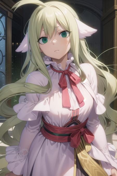 mavis, long hair, blonde hair, (green eyes:1.5), ahoge, wavy hair, animal ears, dress, white dress, collar, ribbon, red ribbon, capelet, long sleeves,