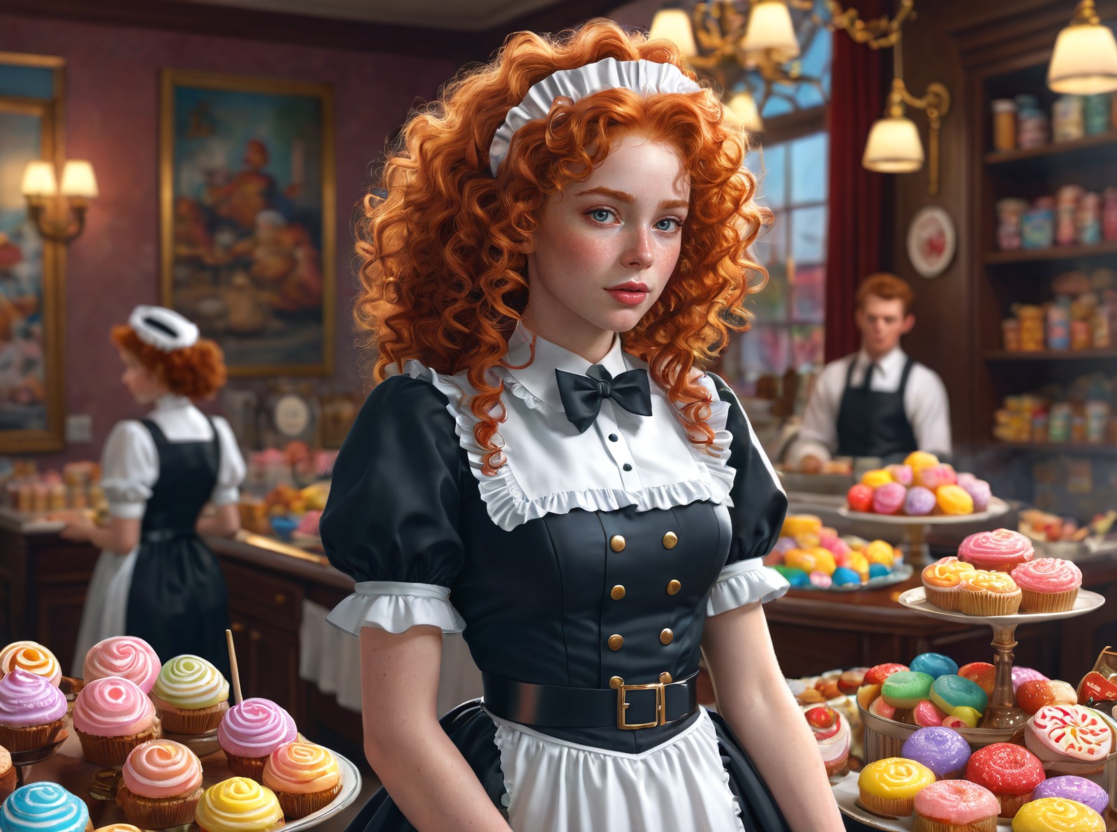 a female maid secret police,Curly Frizzy Hair,Redhead,arms behind back,In the Candied Wonderland of Everlasting Sweets,ele...
