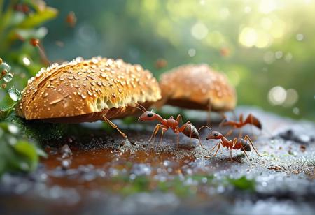 Masterpiece, 32k, 8k, dynamic, (ultra high res:1.4), (masterpiece:1.4), (beautiful lighting:1.4) A group of ants carry a piece of bread  on a table, macro photography, with a bokeh effect and dusts drops, against a fantasy background. Pastel colors create a beautiful nature scene in this digital art. High resolution reveals highly detailed, intricate features of the active ants. The mood is happy, joyful, and vibrant with soft lighting and a dreamy atmosphere. Morning dew adds to the magical feel of this whimsical style fantasy image.