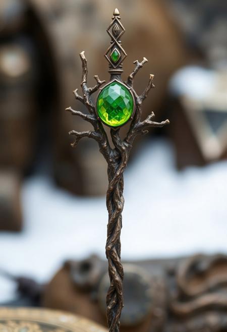 A Highly Detailed Ancient Branch shaped Scepter With A Lime green Gem embedded in it