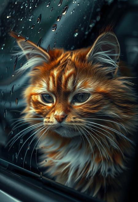 hyperrealistic, close-up,
double exposure, sad shaggy red cat crying behind wet car glass, tears, heavy rain, RAW photo, f/4,
128k, juicy, photorealistic, pixel clarity,high resolution, pronounced emotions,photorealism,hyperdetalization, 3d effect,16k, careful drawing of details, voluminous watercolor,drawing with colored ink and pen,professional photography,dark botanical,
high detail, clarity of lines