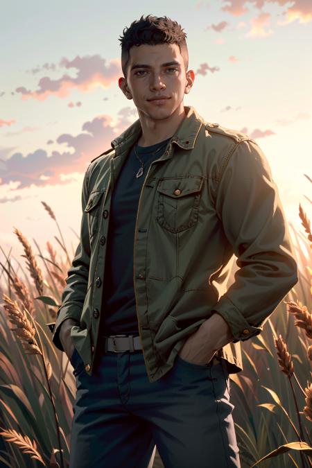 ((ultra detailed, masterpiece, best quality))
 <lora:MafiaLincoln:0.8>
MafiaLincoln, 1boy, solo, buzz cut, brown eyes, muscular, Amidst a field of tall grass, rugged jeans and a flannel shirt, golden hour sunlight casting a warm glow, hands casually in pockets with a carefree smile