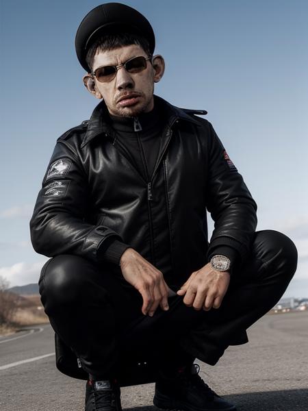 gladvalakas,1boy, male focus, hat, jacket, sunglasses, solo, squatting, pants, outdoors, shoes, black jacket, day, black pants, black footwear, realistic, long sleeves, closed mouth, sky, zipper, clenched hands, full body, building, track jacket,<lora:GladValakas:0.75>,(round ears),