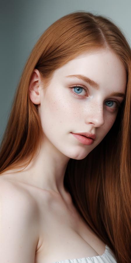 raw photo, 1 girl, attractive, young, cute, cute face, small face, european, 18 years old, cute, attractive, seductive, sexy, long hair, pale skin, straight hair, orange hair, great posture, orange eyebrows, freckles, (closed eyes:0.5), light grey blue eyes, realistic pupils, skinny, side view, half face visible, indoors, profile, half body, (large breasts:1.2), white dress, strapless dress